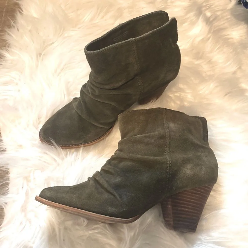 Y2K Splendid Rodeo Suede Boots Womens 8.5 Low Booties Olive Slouchy Stacked Heel - Image 5