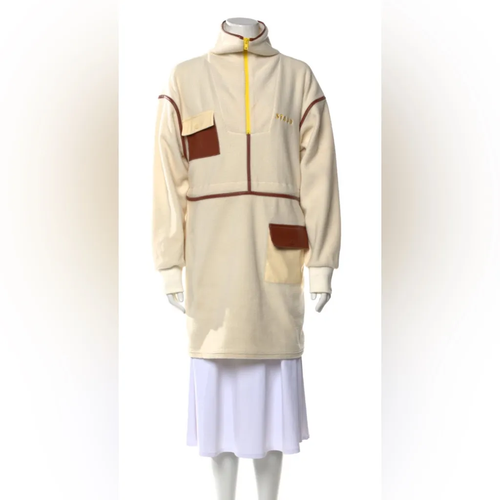 STAUD Timber Dress Fleece Long Sleeve Sporty Preppy Cream Tan Yellow sz Medium - Image 4