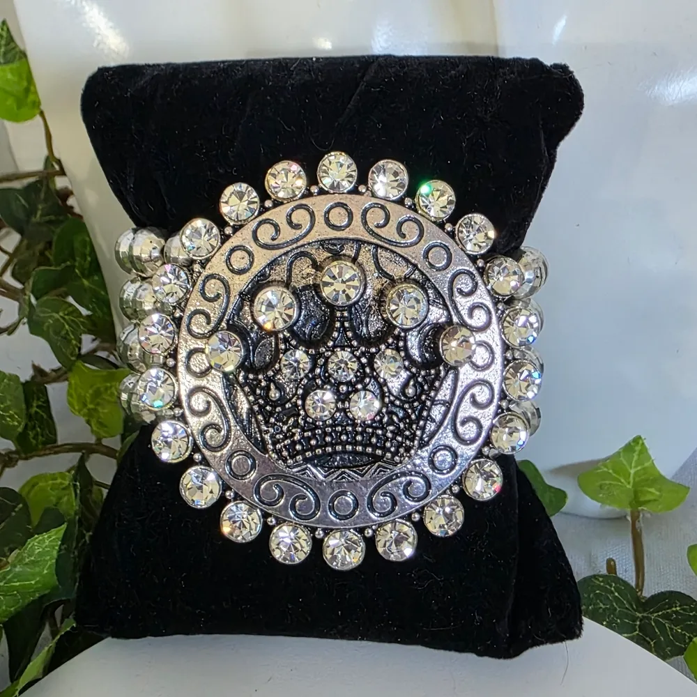 Statement Silver Stretch Bracelet with Crown and Rhinestones - Image 2