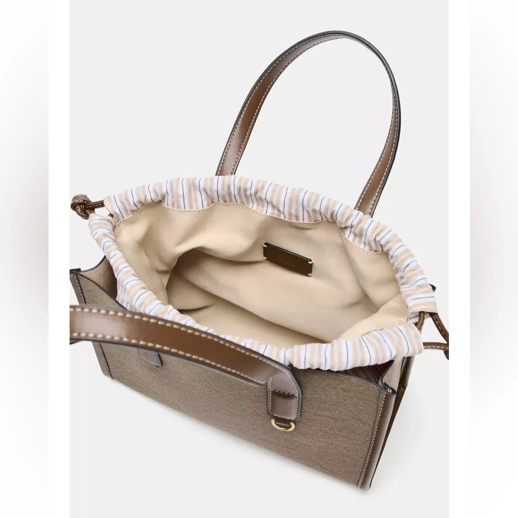 Zara NWT tan brown and taupe woven fabric shopper handbag top handle purse - Image 6