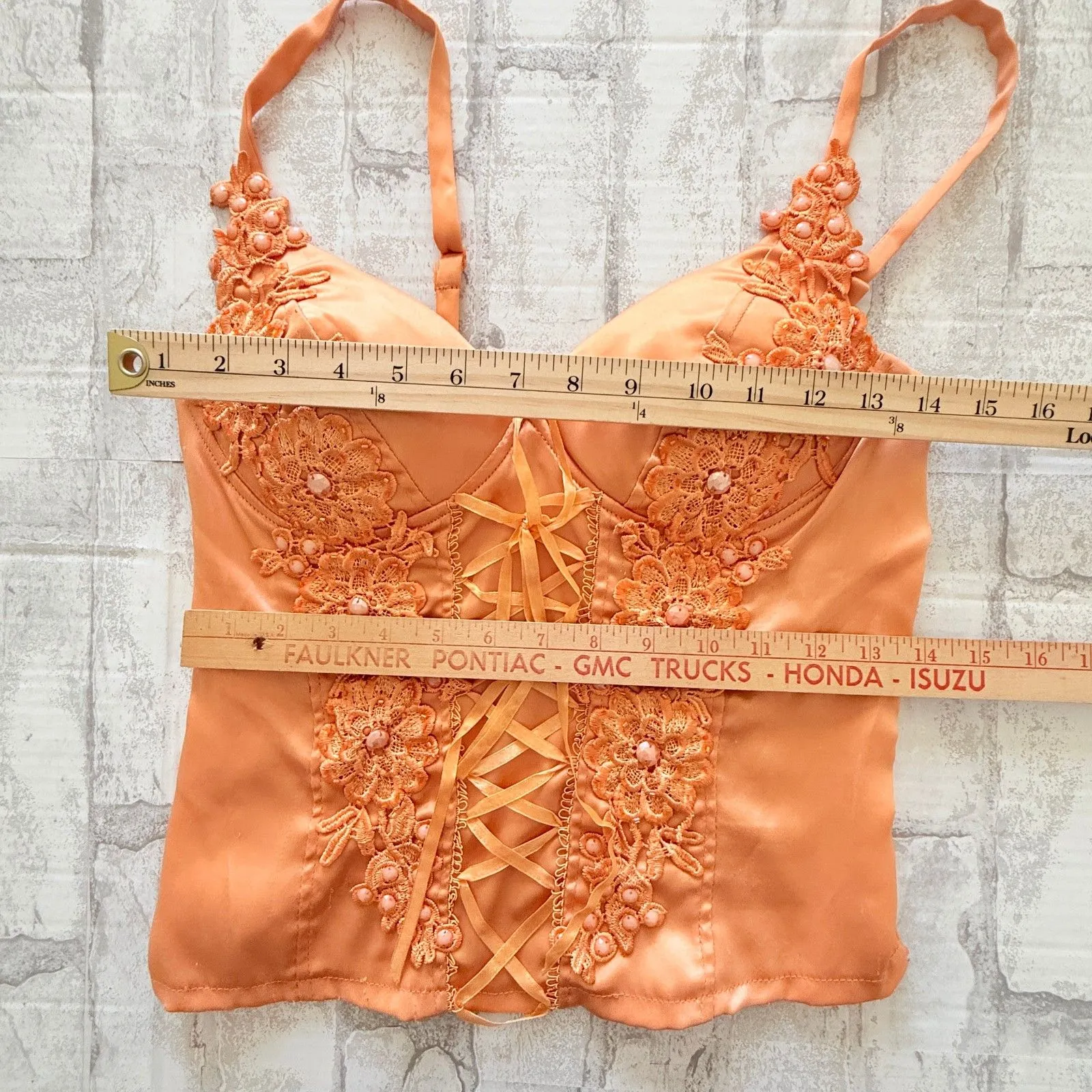 VTG Y2K Orange Satin Lace Applique Ribbon Detail Corset Bustier Top Bridgerton Size undefined - Image 6