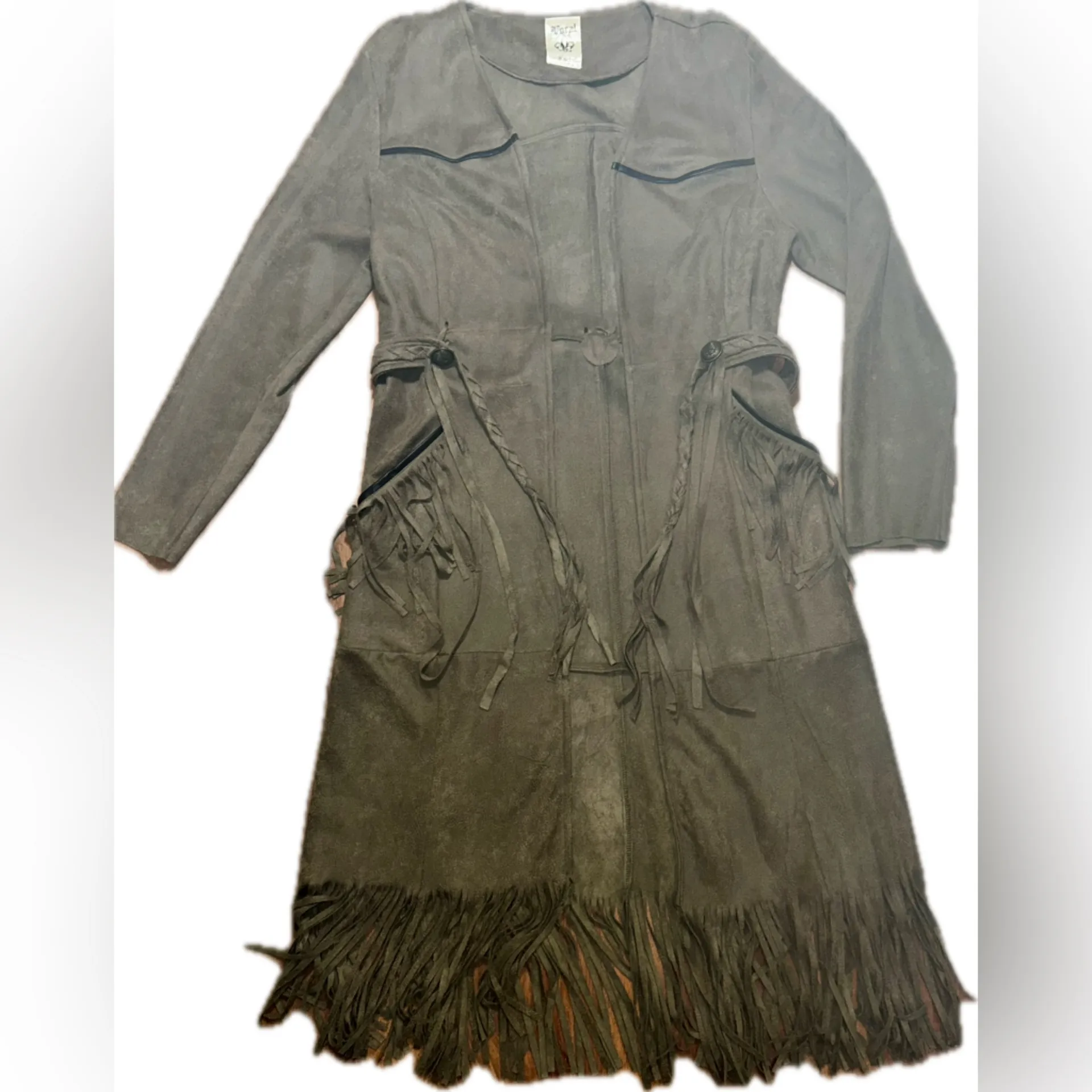 Vocal USA Western Cowgirl Fringe Tassel Belted Faux Suede Long Jacket Duster M - Image 11
