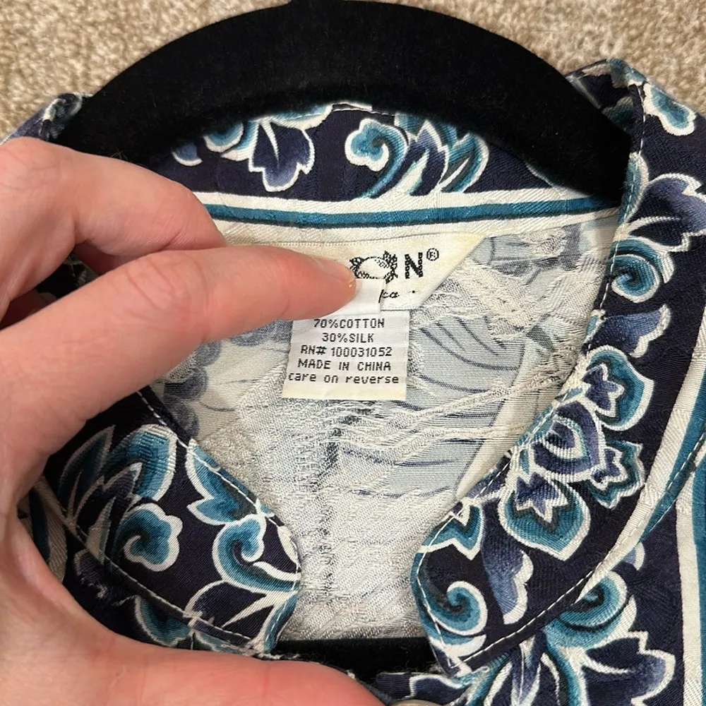 Citron Santa Monica Cotton Silk Three Button Blazer Floral Butterfly Large Read Blue - Image 7