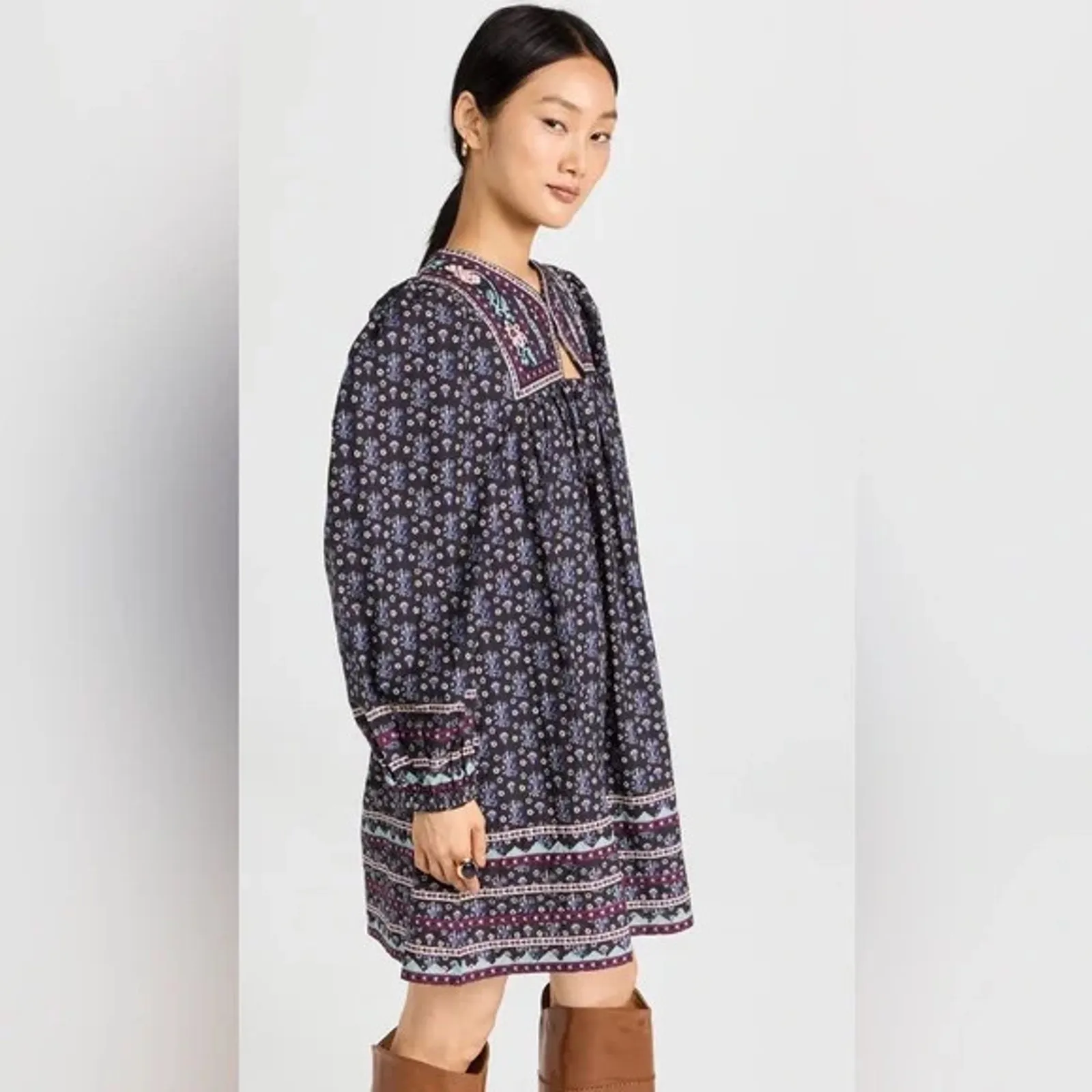 NEW SEA NY Perry Border Puff Sleeve Tunic Embroidered quilted floral Dress XS Blue - Image 3