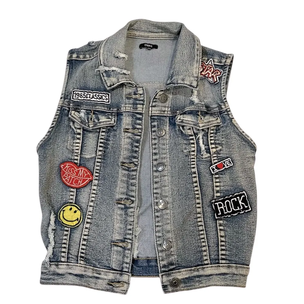 ChiOle Distressed Cropped Denim Vest S patches crop 90s rocker rock concert - Image 12