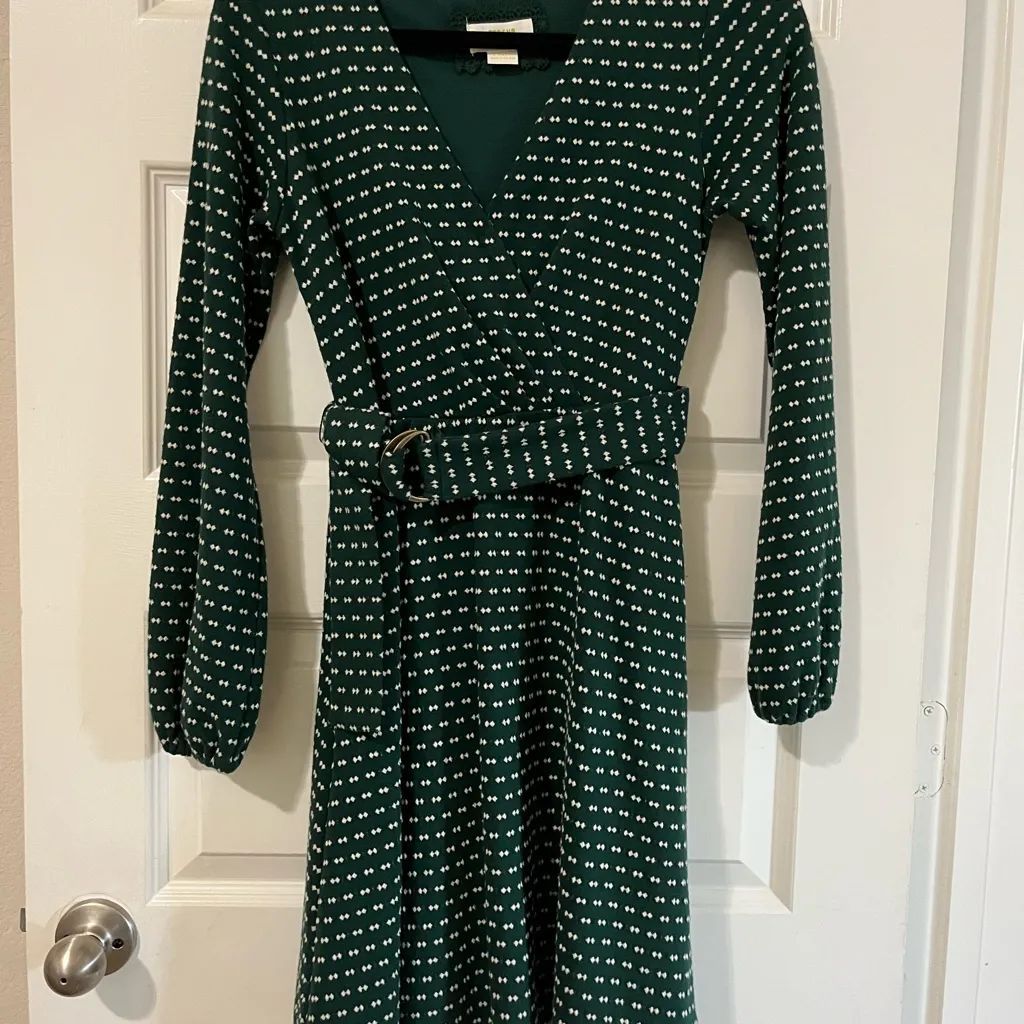 Maeve Anthropologie Dark Green Patterned Long Sleeve Belted Dress Sz XS - Image 10
