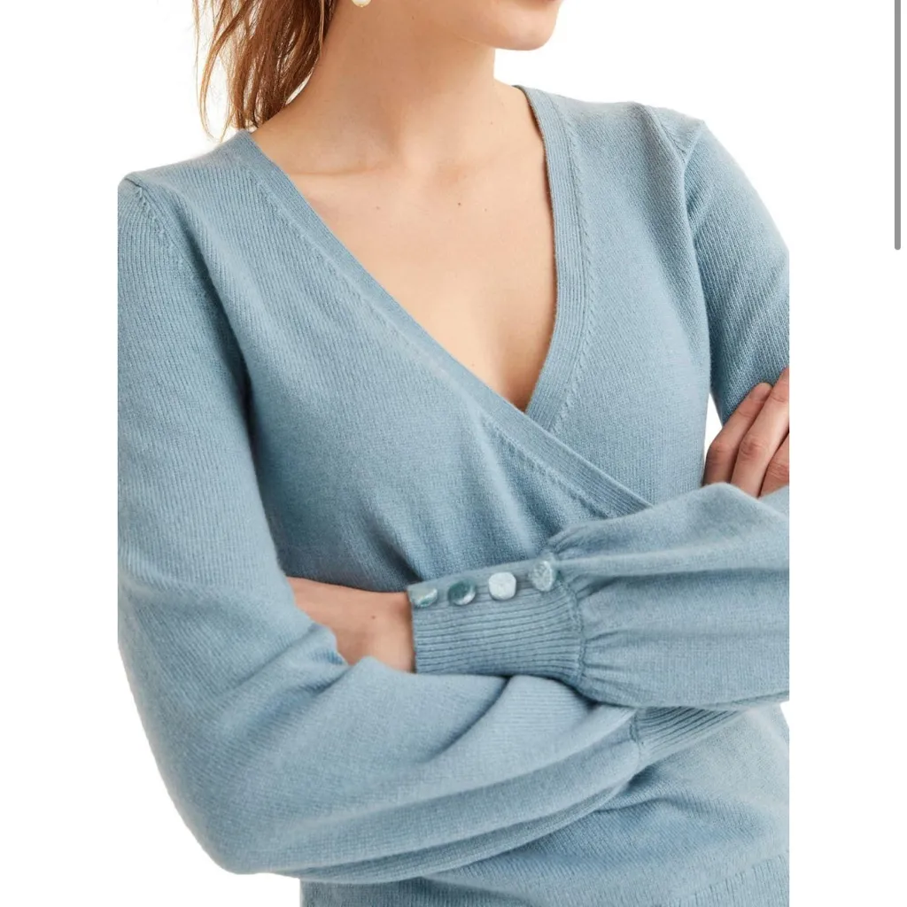 Boden Blue Maddie Button Cuff Surplice Sweater size 12 - Image 3