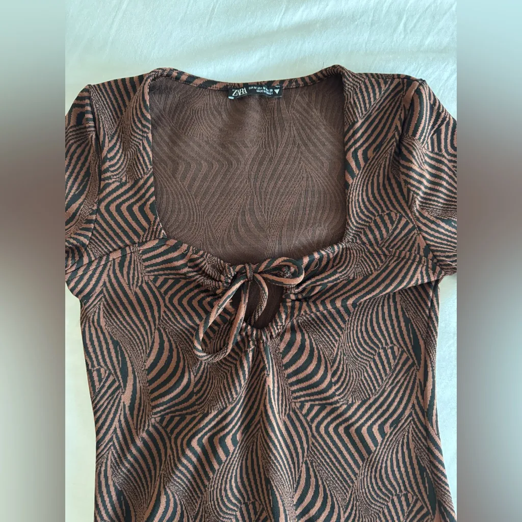 Zara Black Brown Psychedelic Bodycon Mini Dress Keyhole Tie Bust Medium - Image 10