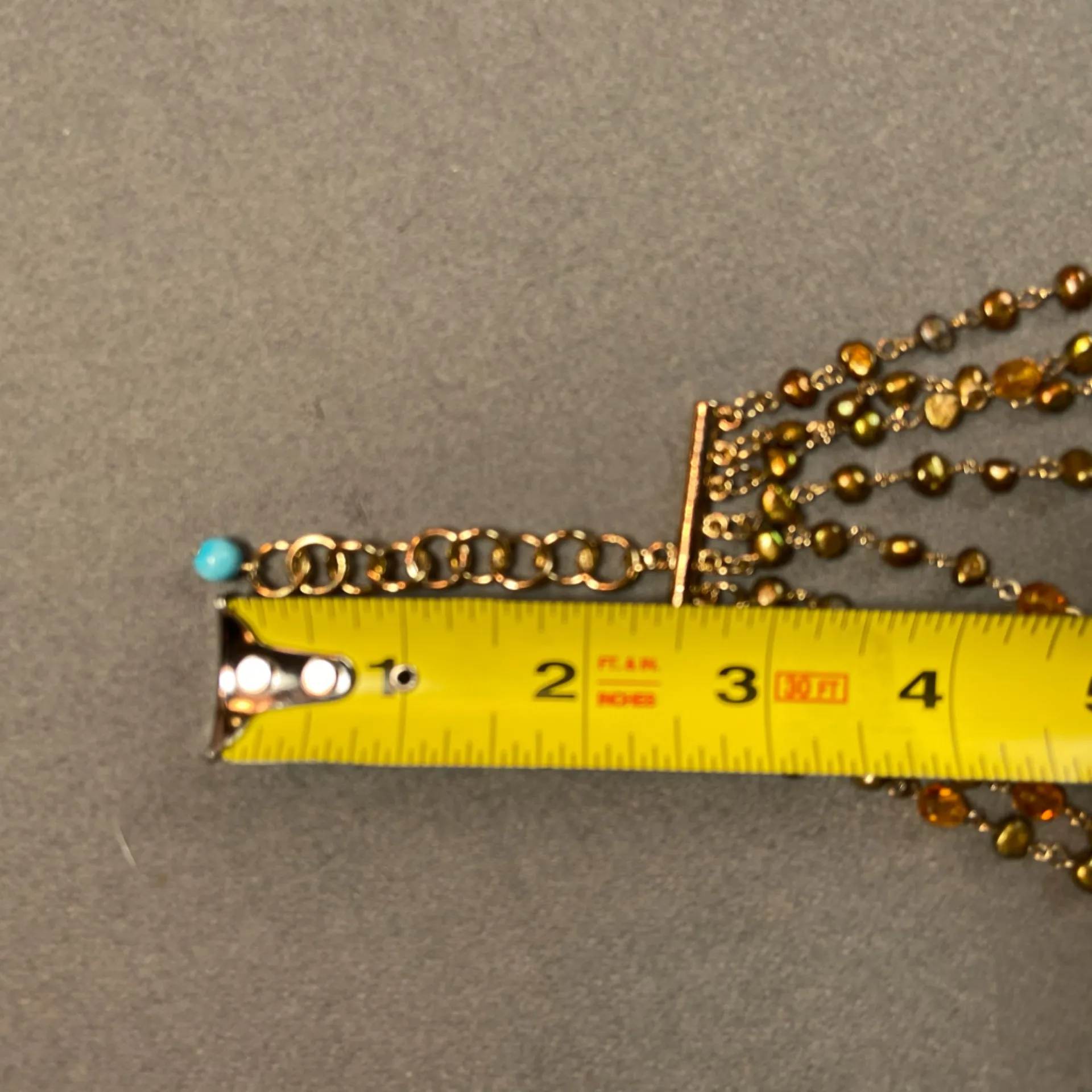 Multi Strand Beaded Necklace Gold Tone Metal, Turquoise, Green & Amber By Sequin Blue - Image 7