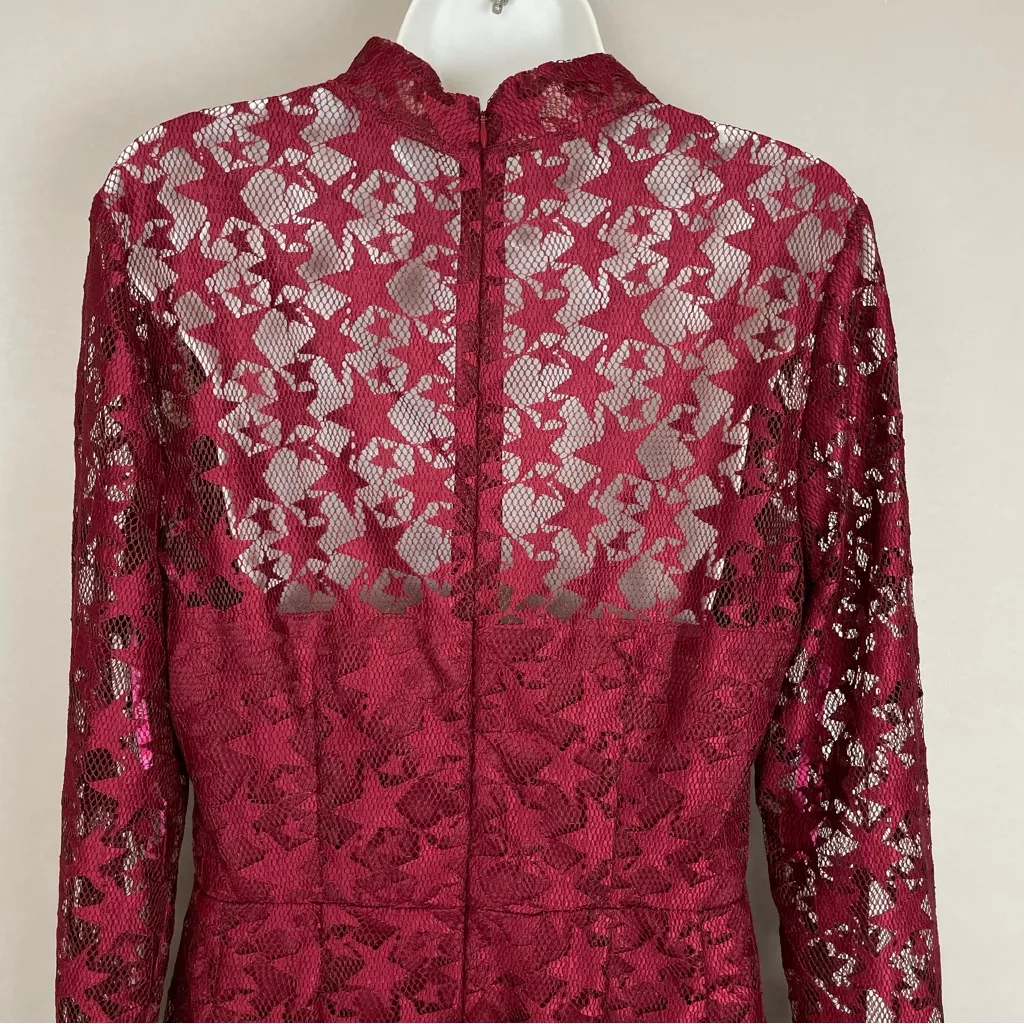 Betsey Johnson Dress Red Star‎ Lace Sheath Illusion Long Sleeve Sheer Maroon 12 - Image 10