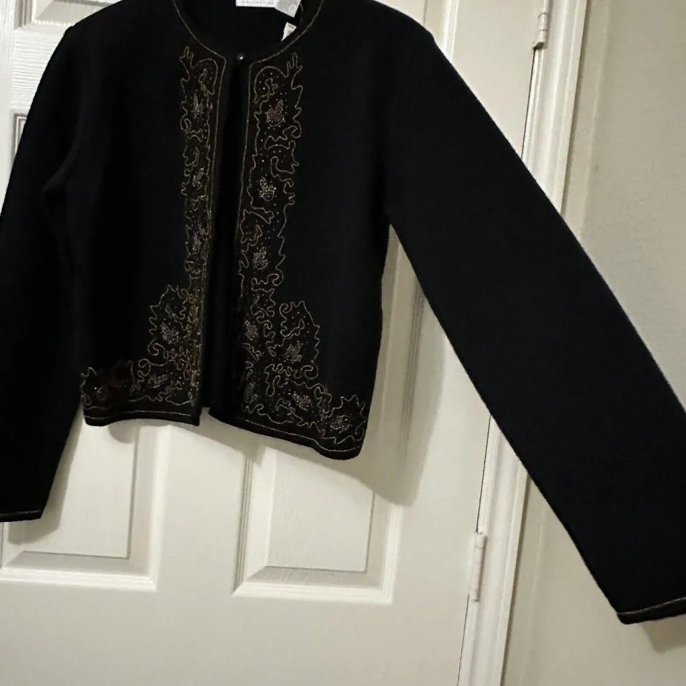 Vintage  Black 100% Merino Wool Cardigan Sweater Sz M Medium Beaded - Image 11