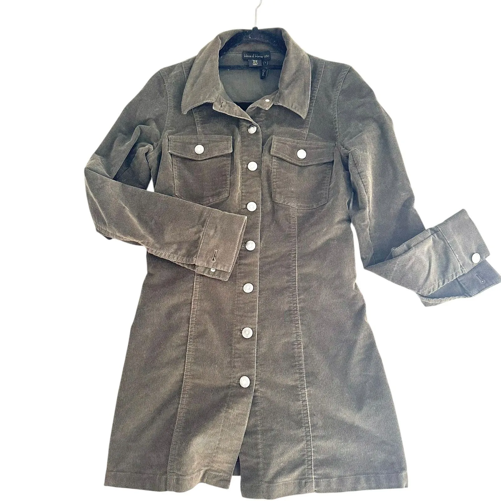 HOUSE OF HARLOW 1960 Corduroy Shirt Mini Dress‎ Green XS - Image 3