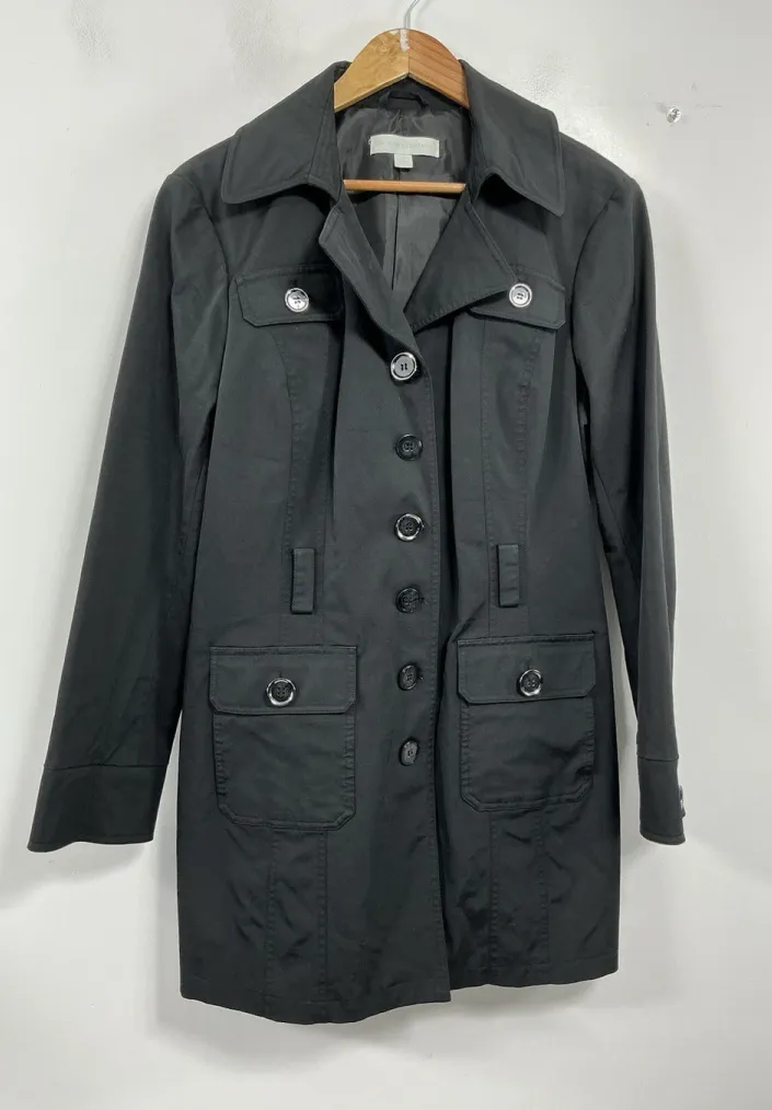 Womans New York & Co Button Up Knee Length Rain Coat XL Black Lined Excellent - Image 1
