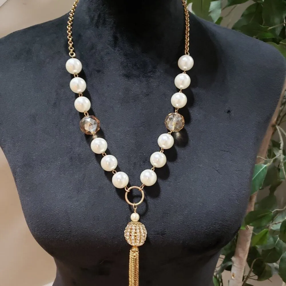 Womens Fashion Chunky Natural Freshwater Pearl Rhinestone Beads Tassel Necklace White - Image 2