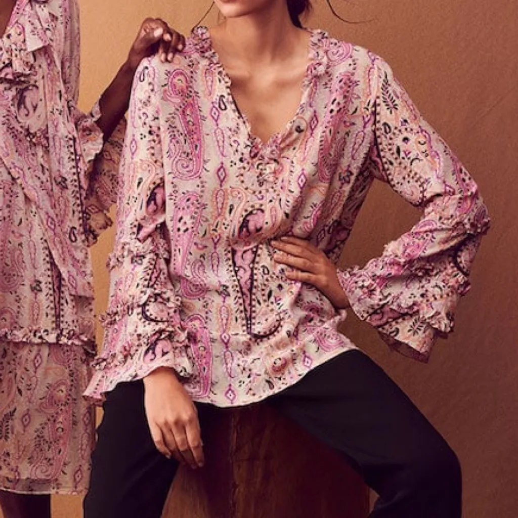 KOBI HALPERIN Celia paisley bell sleeve ruffle blouse in taffy pink - Image 4