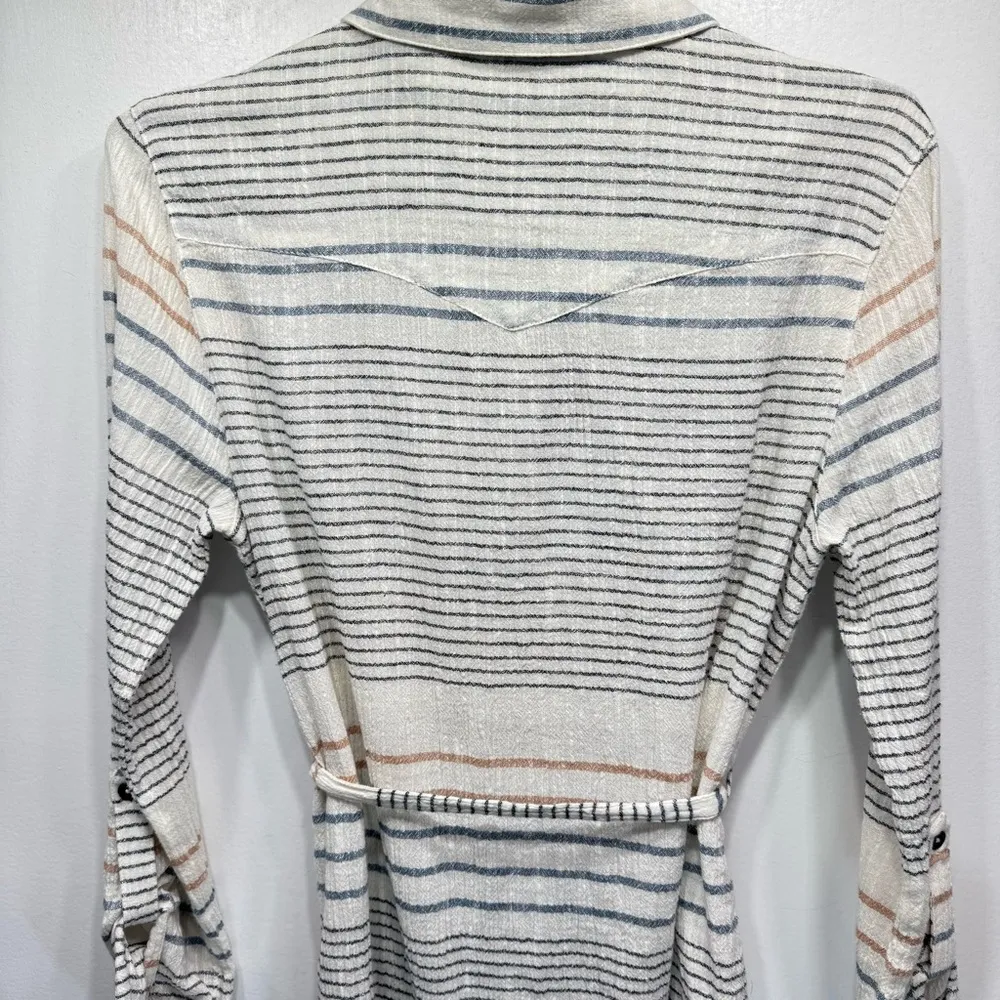 Roxy Gauzy Striped Shirt Dress with Belt 100% Lightweight Cotton Button Front - Image 3