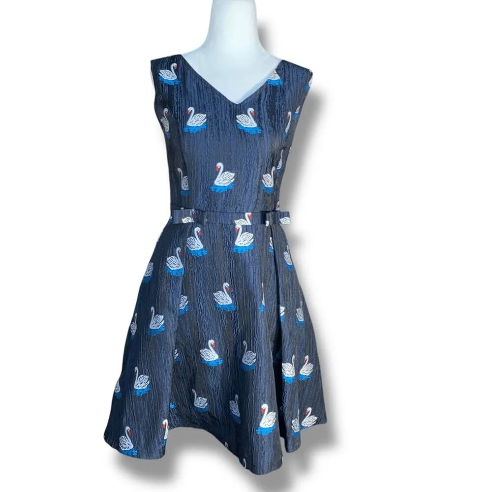 Retro Navy Blue Swan Print Sleeveless Fit and Flare Dress Bow Detail V Neckline - Image 11