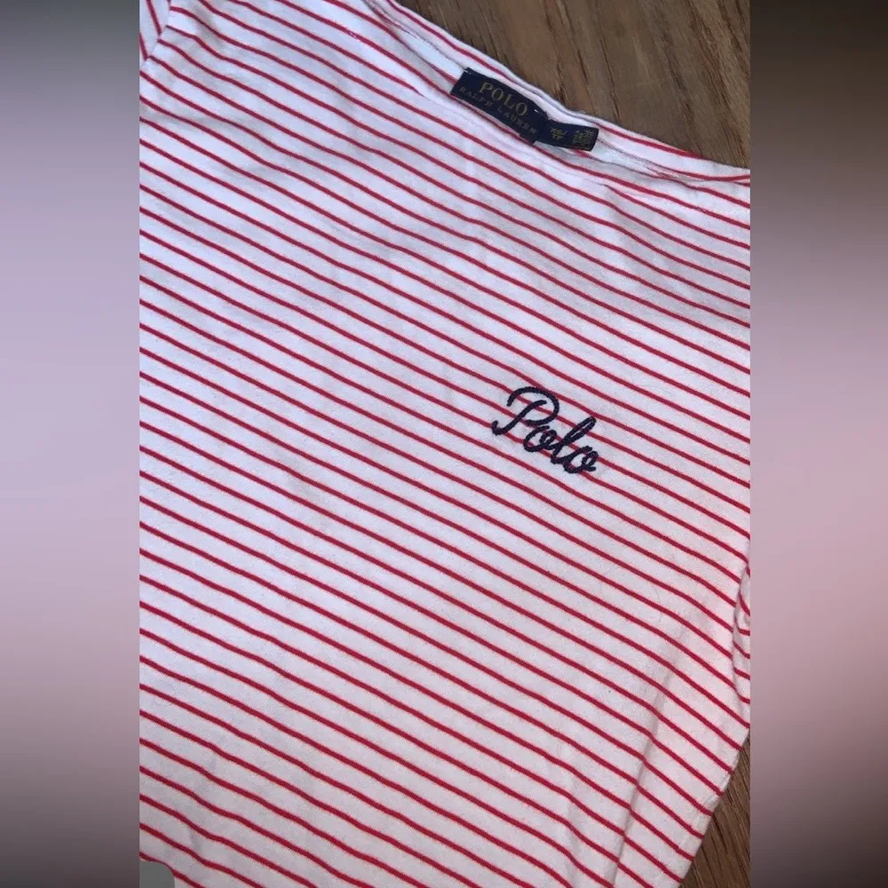 Polo by Ralph Lauren Women's Red Striped Top shirt logo cursive fall casual - Image 3