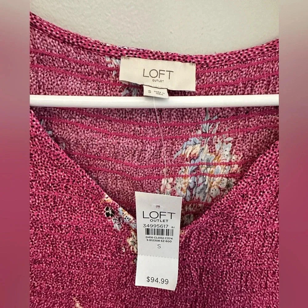 NWT LOFT Pink Floral Ruffle Sleeve Midi Length Dress // Size Small - Image 6