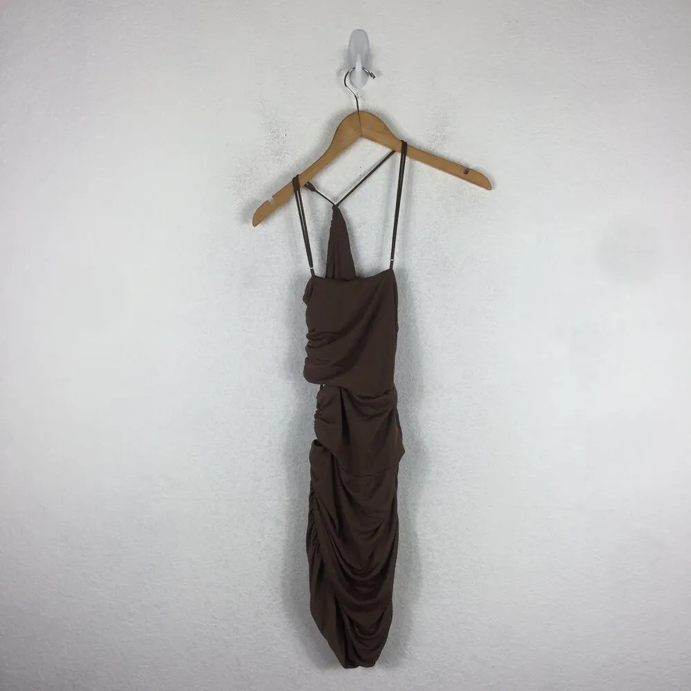 Zara Brown Asymmetric Draped Cut Out Ruched Mini Dress Size XS 7733/075 - Image 14