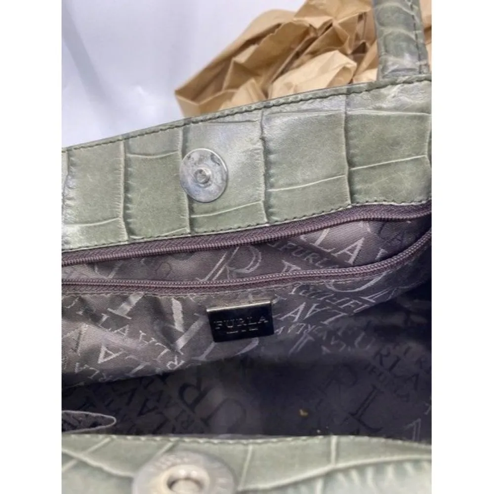 Furla Croco Embossed Bowler Green Leather Shoulder Bag - Image 6