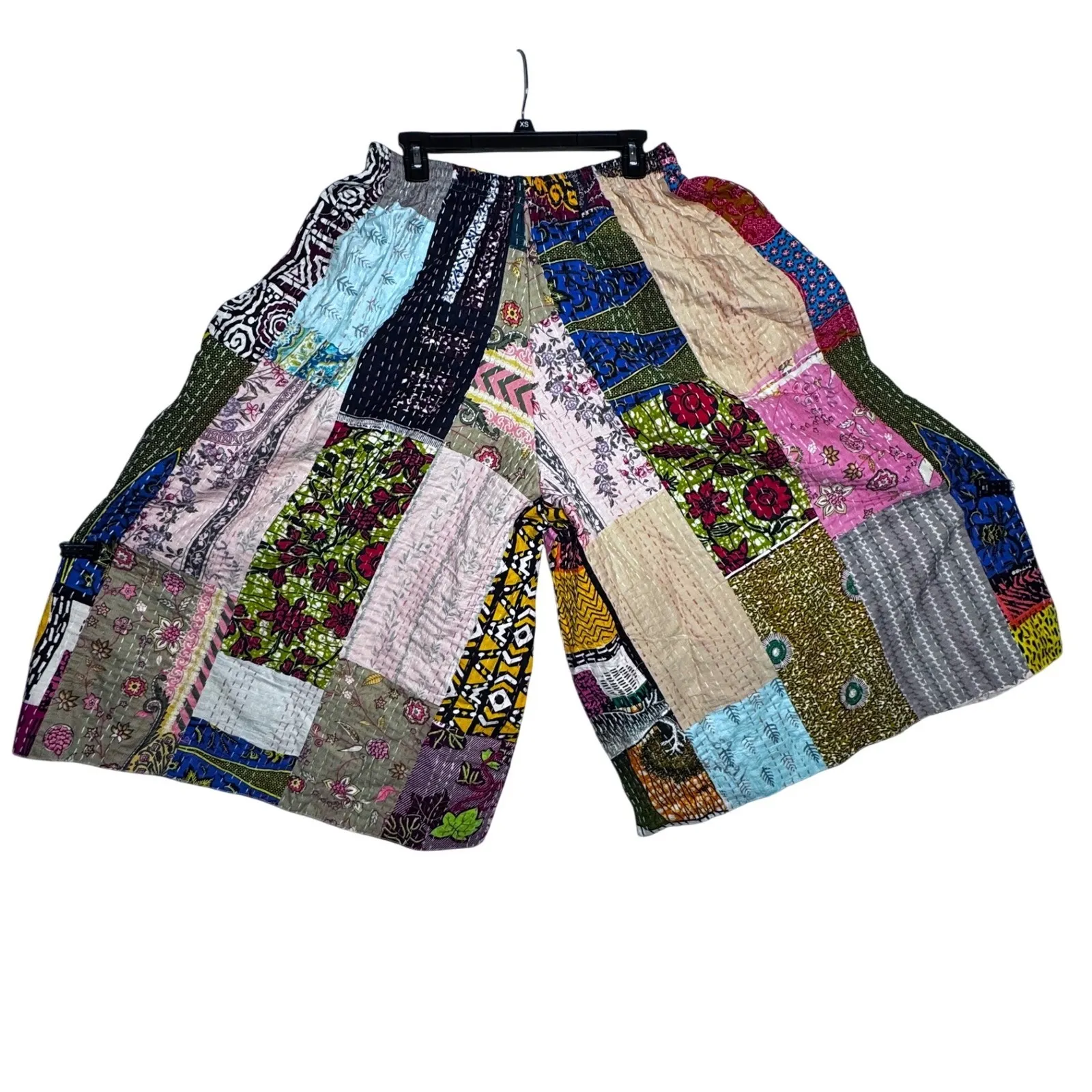 Patchwork Wide Leg Pants Boho Festival Cotton SIZE XL Blue - Image 4