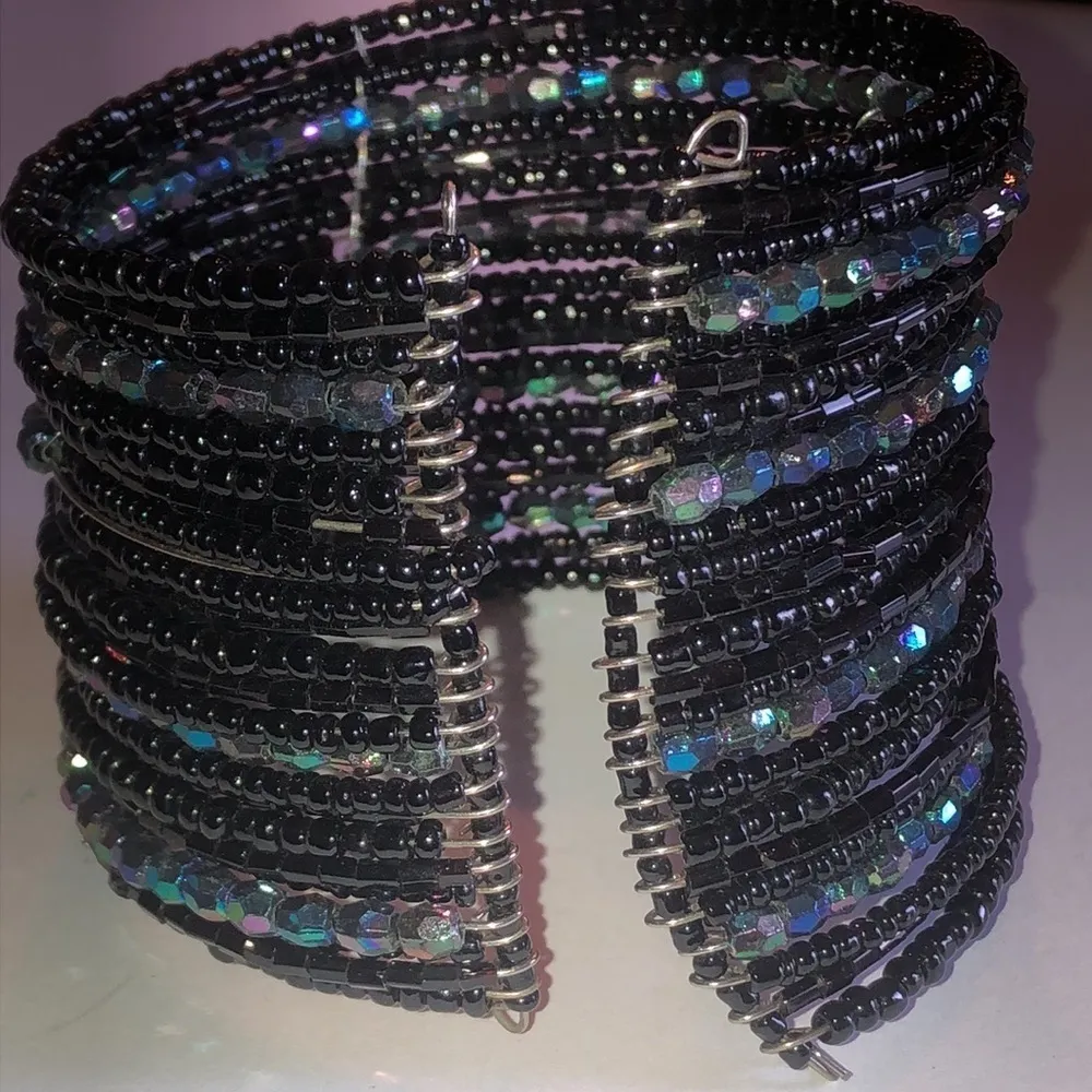 Black AB Rainbow Coated Seed Bead Beaded Boho Wide Cuff Bracelet - Image 4