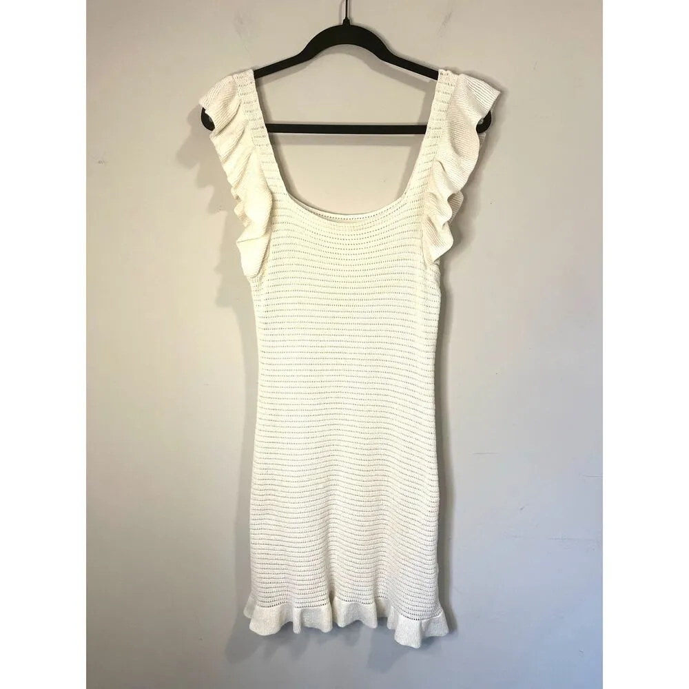 Anthropologie Ruffled Pointelle Knit Mini Dress Square Neck Ivory Cream Womens S - Image 4