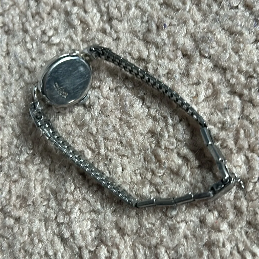 Longine‎ women’s vintage dainty 1960’s silver green crystal/stone watch (jade?) - Image 8