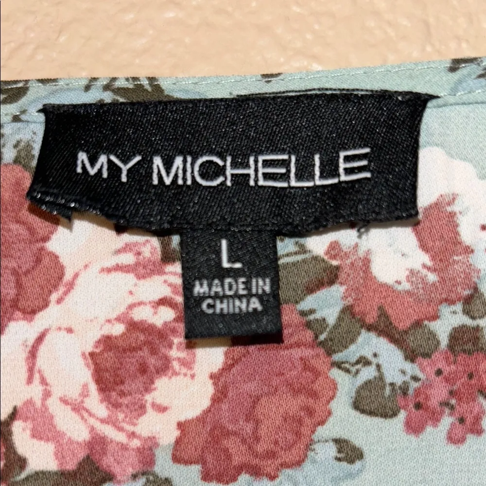 LARGE Multicolored Floral V-Neck Long Sleeve Peasant Blouse Aqua - Image 2