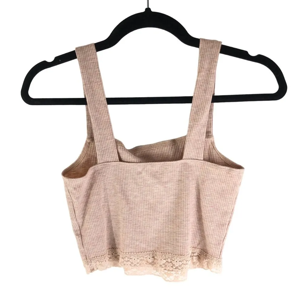 American Eagle Womens Ribbed Square Neck Tank Top Lace Trim Beige Pink Size S - Image 2