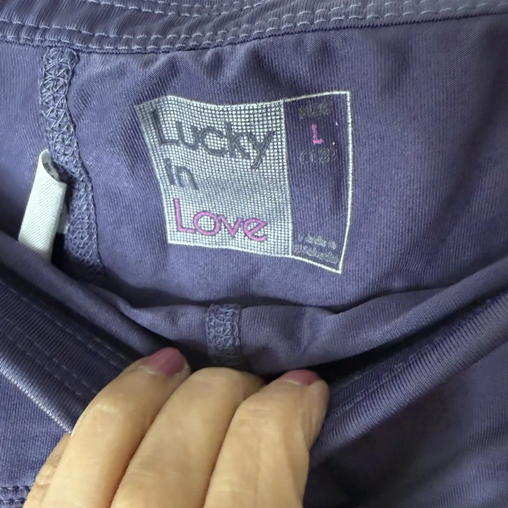 Lucky in love, purple striped with orange trim, tiered, mini skort skirt L Size L - Image 3