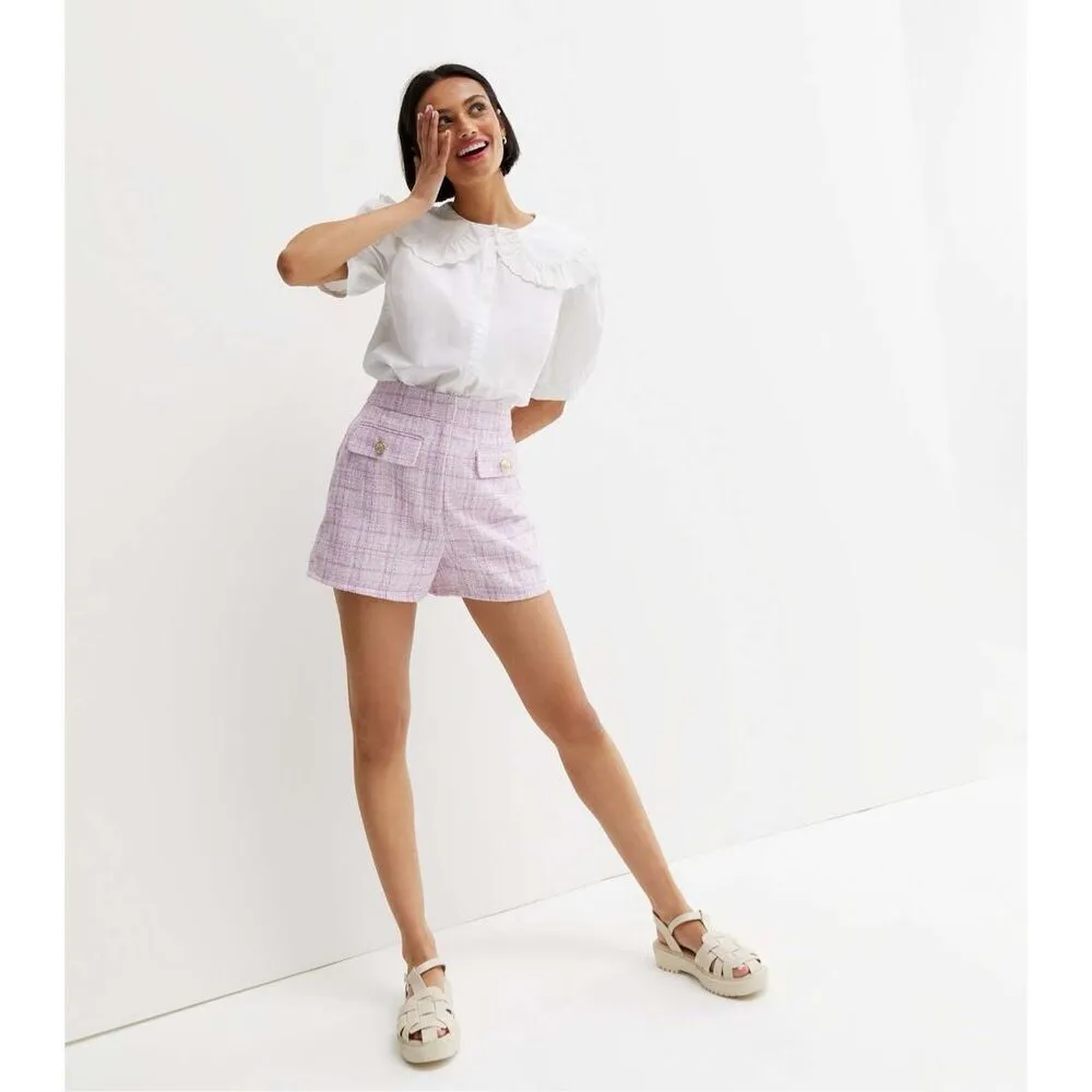 New‎ Look Purple Check Bouclé High Waist Shorts Tweed Style Size 8 Purple Plaid - Image 2