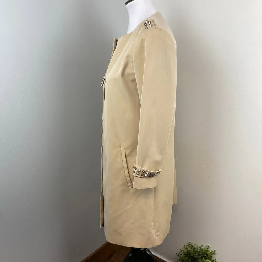 Gryphon Khaki Spike Studded Full Zip Trench Coat Silver Size M - Image 5