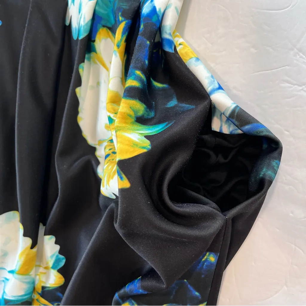 Calvin Klein Blue Yellow‎ Floral Sleeveless  Pleated Pockets Scuba Flare Dress 6 - Image 3