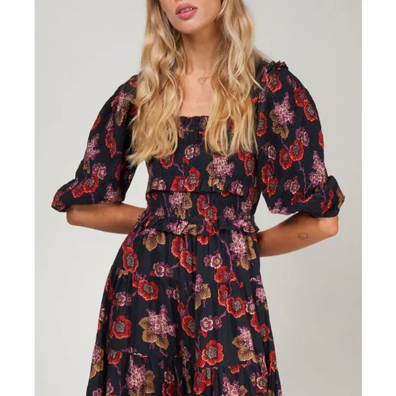 SEA New York Mini Dress Floral Seersucker Puff Sleeve Smocked Altered Black - Image 3