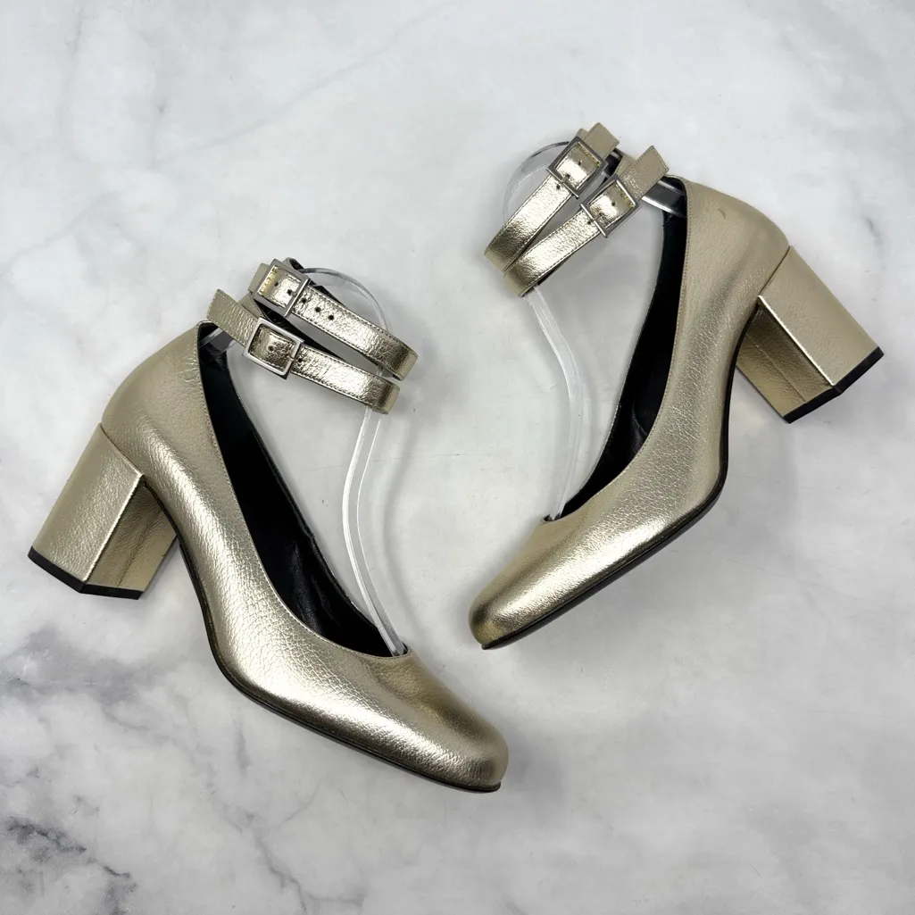 NEW Saint Laurent Babies Edgy Mary Jane Ankle Strap Pumps Mid Heels Gold 38.5 - Image 3