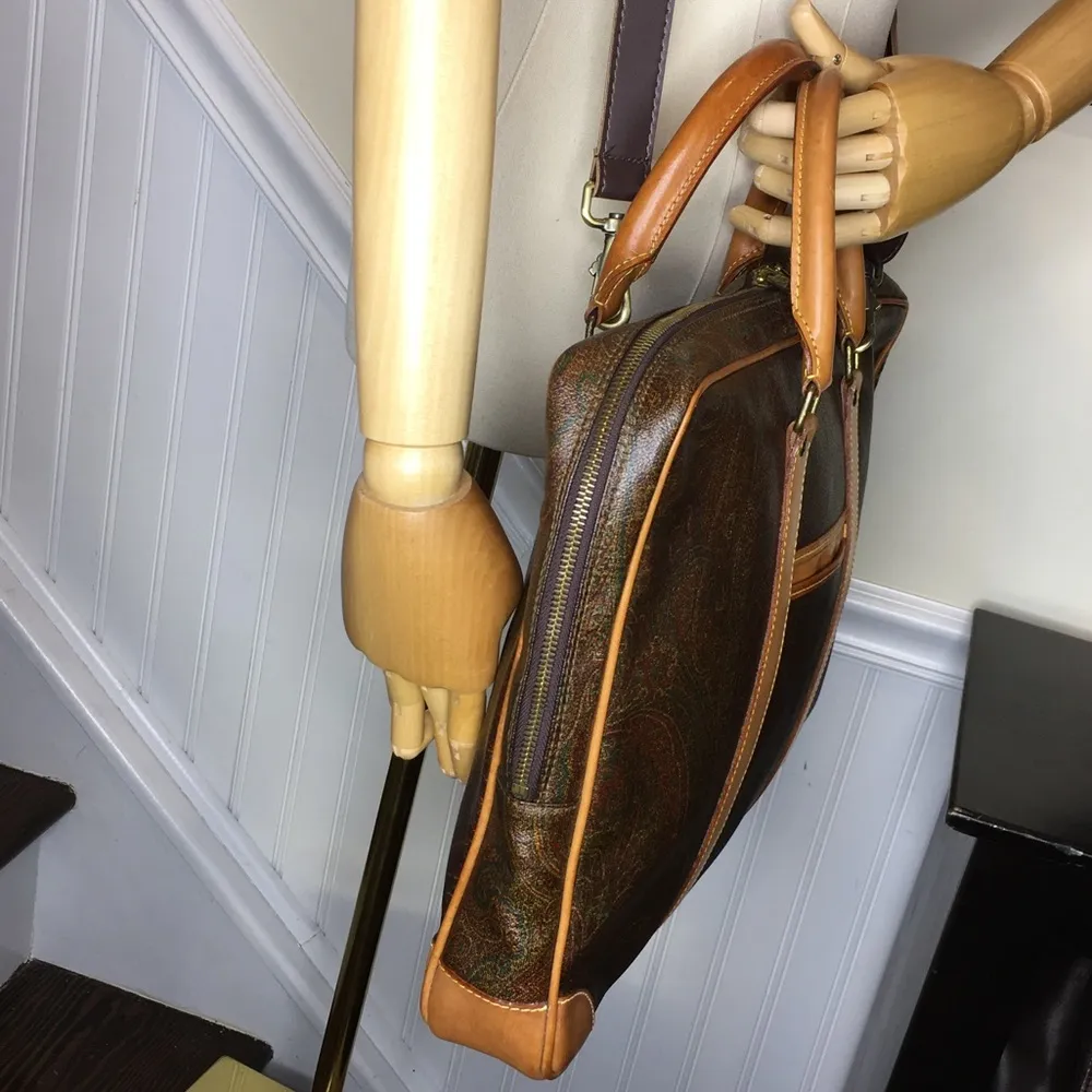 ETRO MILANO Red Paisley Coated Canvas and Vachetta Leather Top Handle Briefcase - Image 6