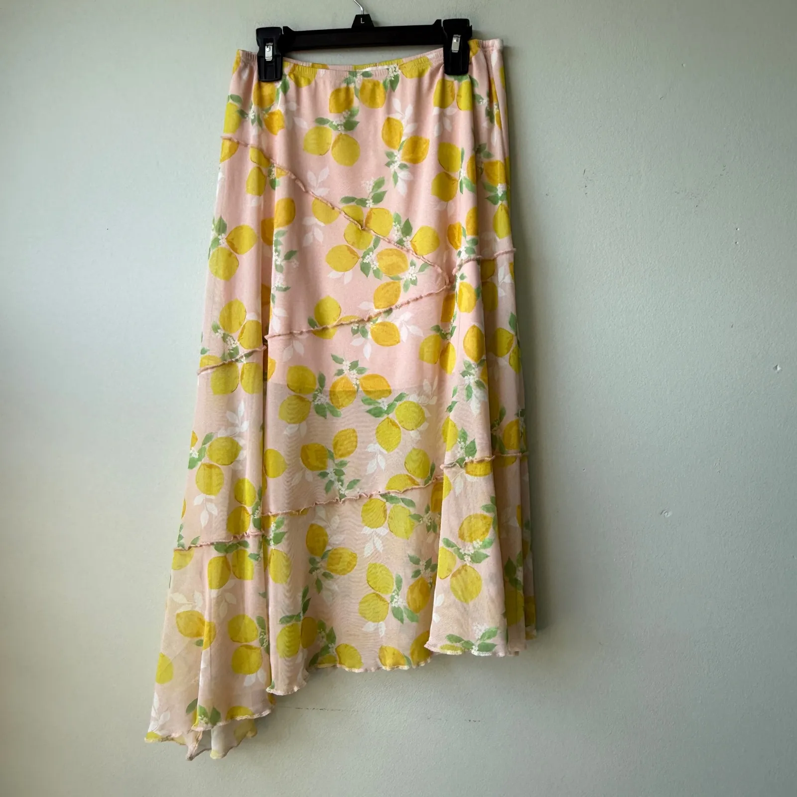 See You Monday Lemon Print‎ Midi Skirt Ruffle Trim Asymmetrical Hem Medium - Image 2