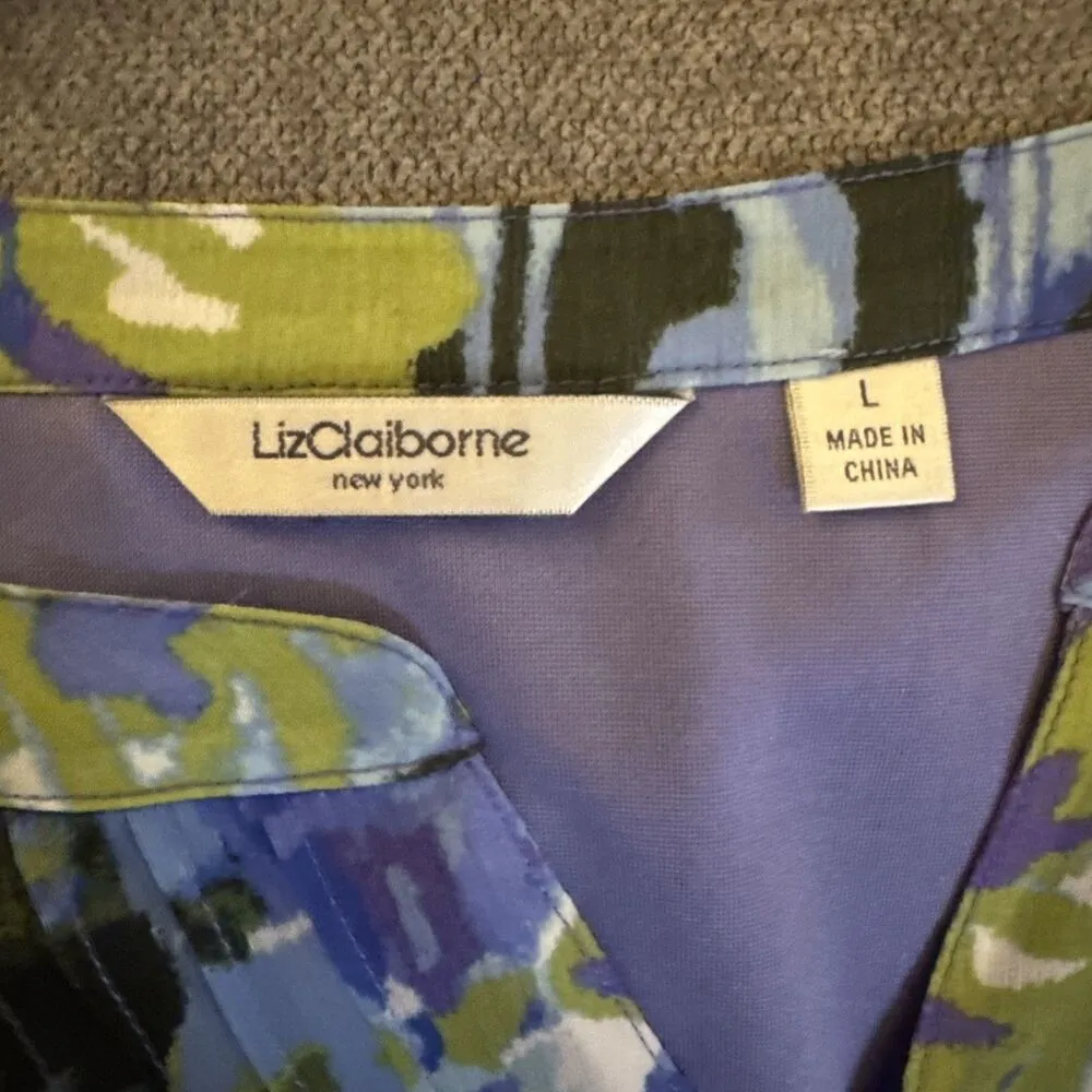 Liz Claiborne watercolor, floral blue tunic size large lined 3/4 sleeve Sz L - Image 3