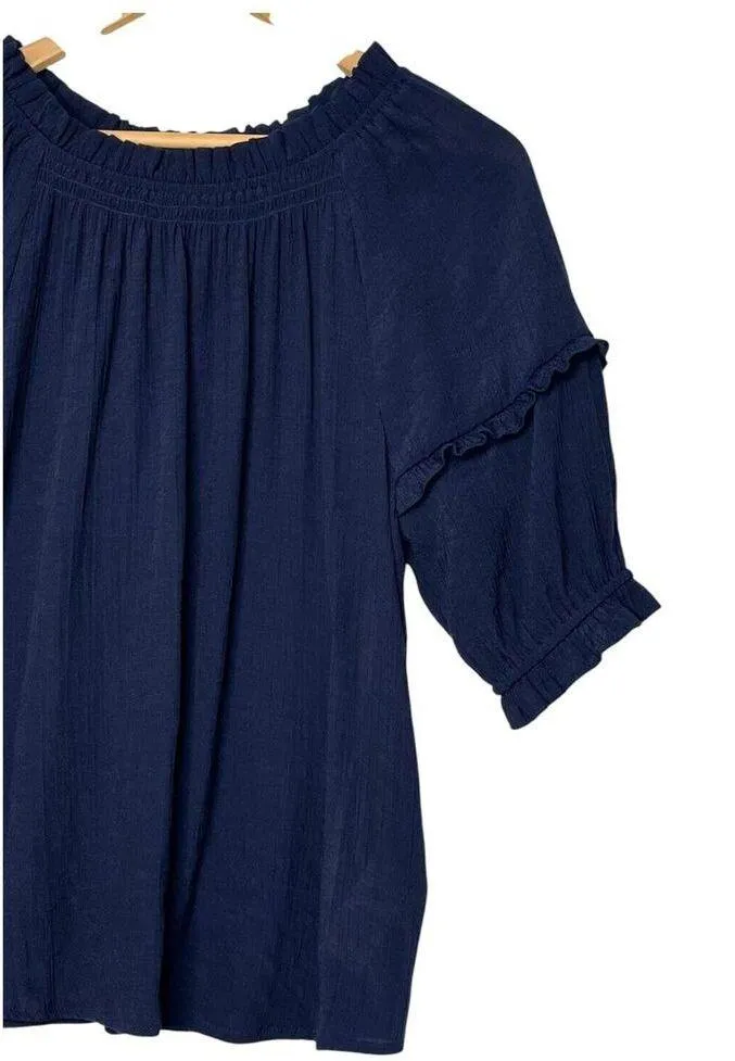 Nanette Lapore Top Womens S Sheer Half Sleeve Ruffle Round Neck Designer Blue - Image 3