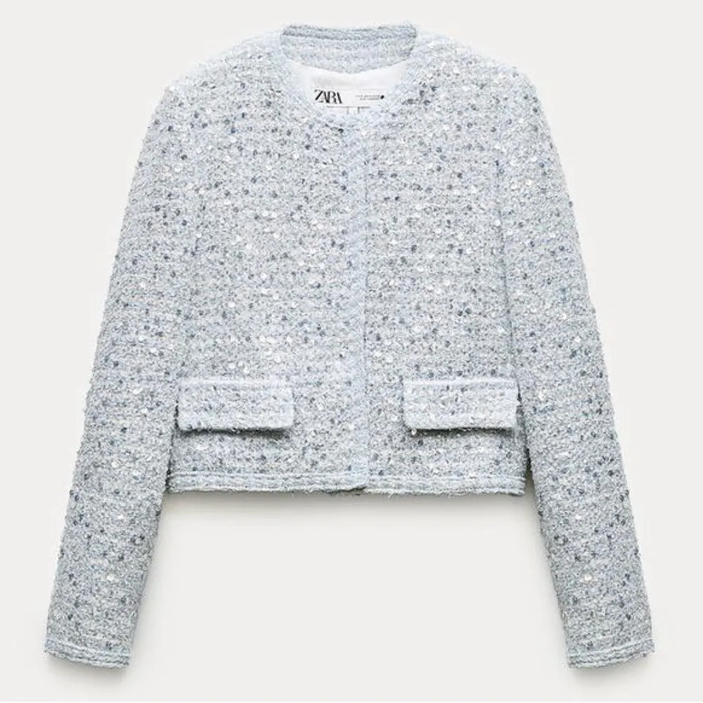 Zara ZW TWEED WEAVE TEXTURE SEQUIN CROPPED JACKET Blazer Blue/Silver Size XS NEW - Image 7