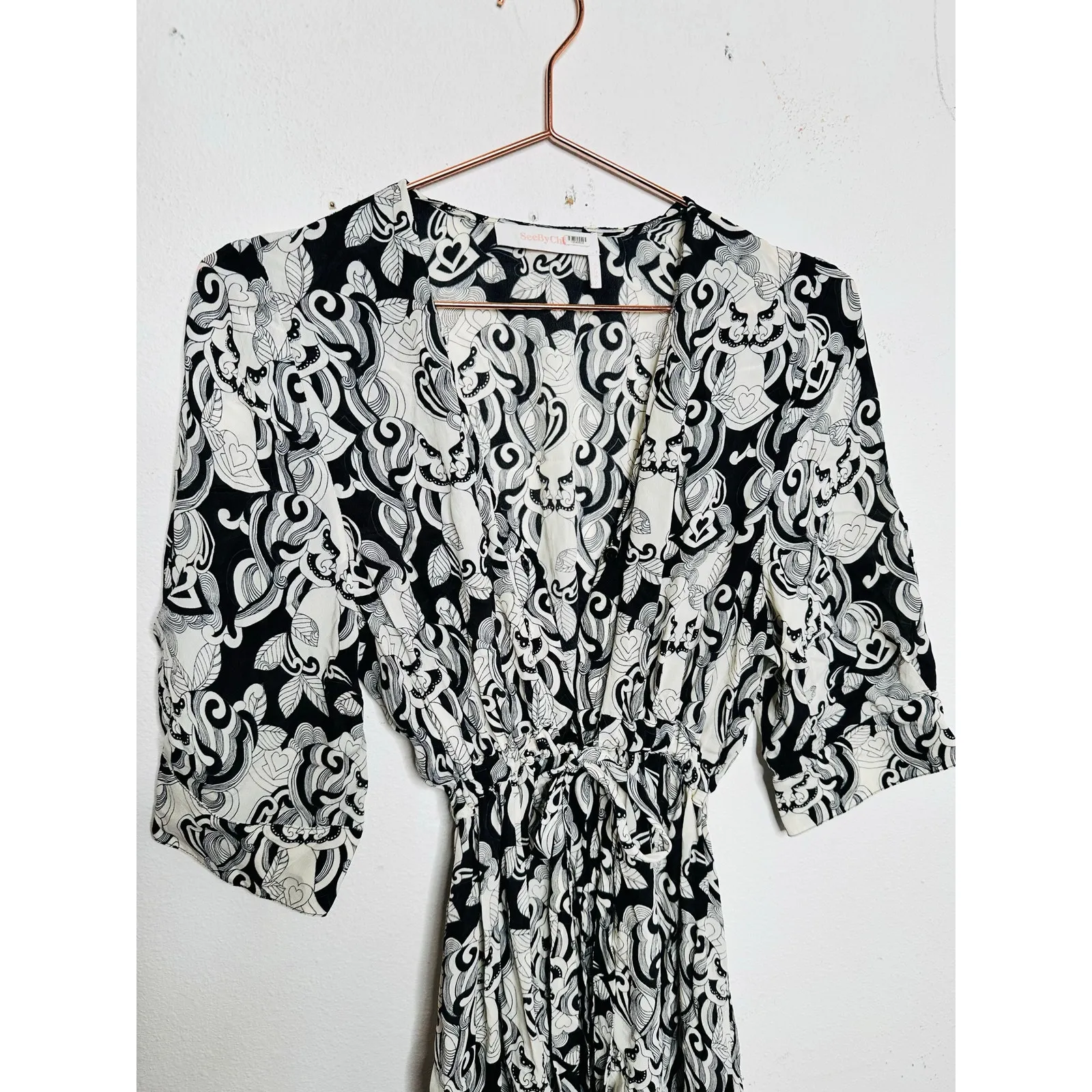 SEE BY CHLOE Black White Tie Front Midi V-Neck Long Sleeve Dress size 42 US 10 - Image 4