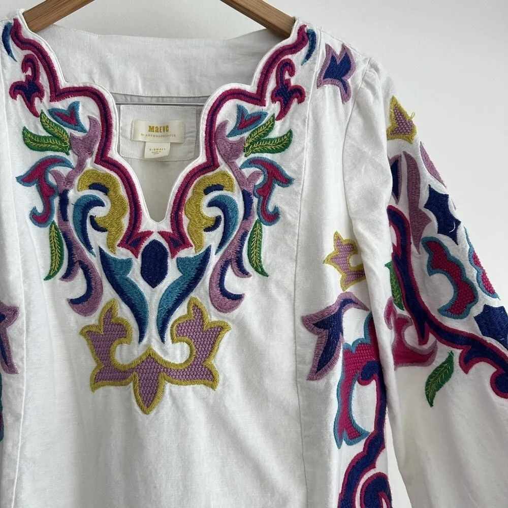Anthropologie Maeve Olympia Dress XS Embroidered Cotton Linen Tunic Boho Resort - Image 2