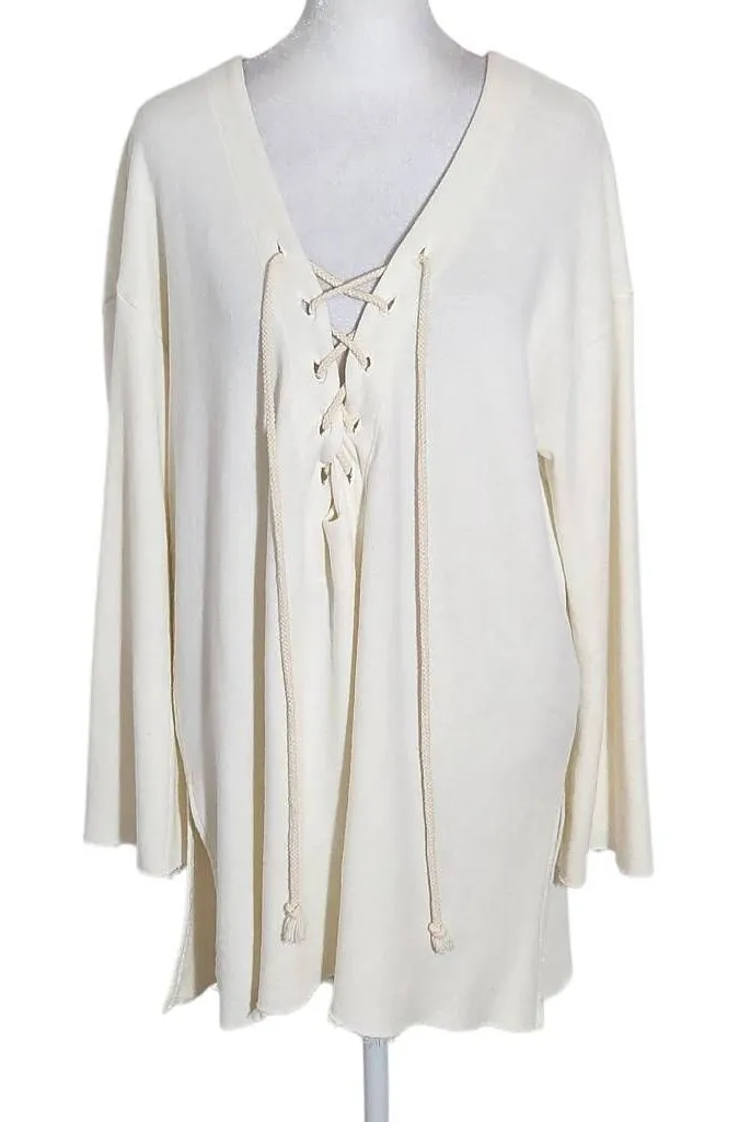 Truly Madly Deeply Cream Lace-Up Knit Top Size Large Distressed Pullover - Image 1
