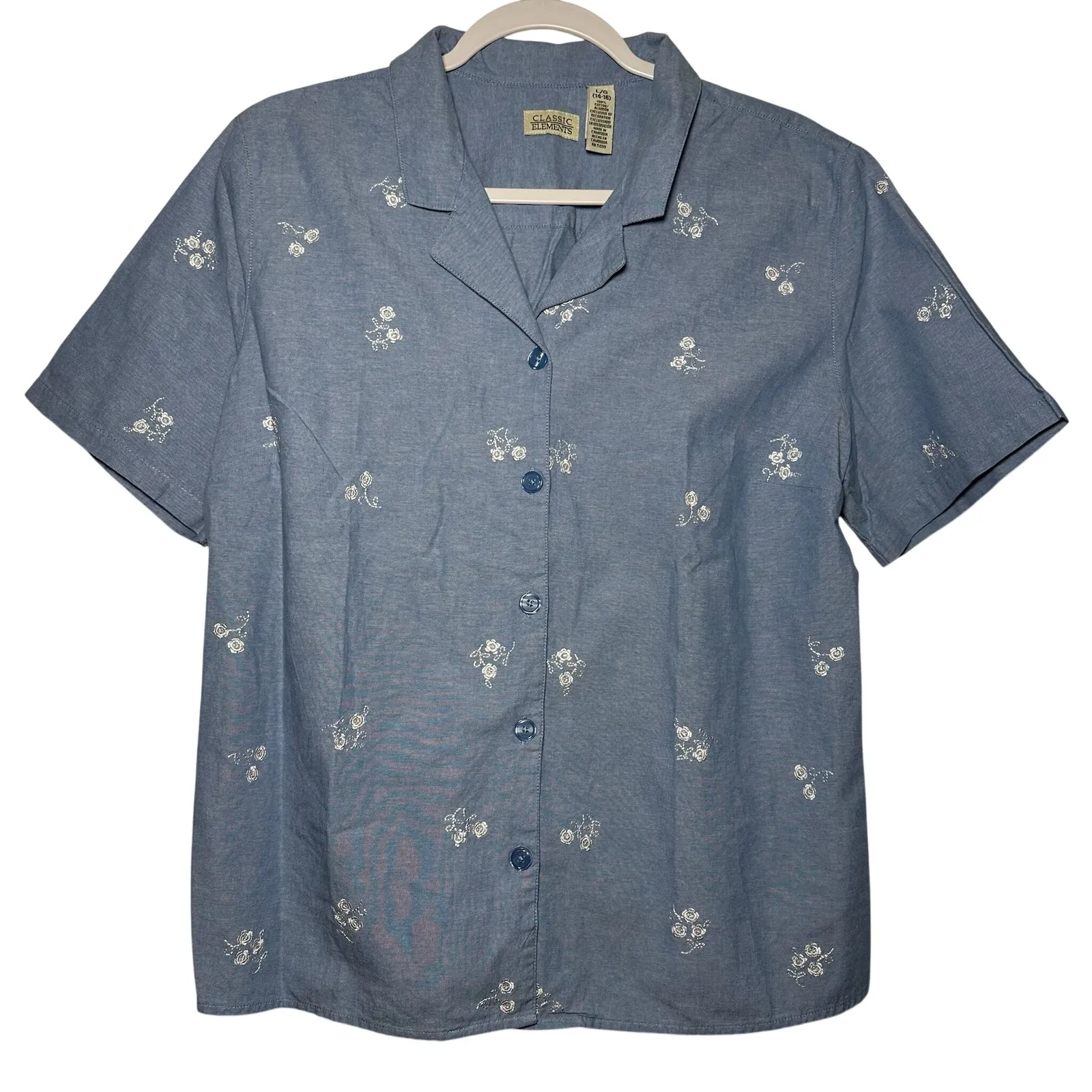 Classic Elements Blue Chambray Floral Embroidered Button Up Shirt Top L G 14 16 - Image 1