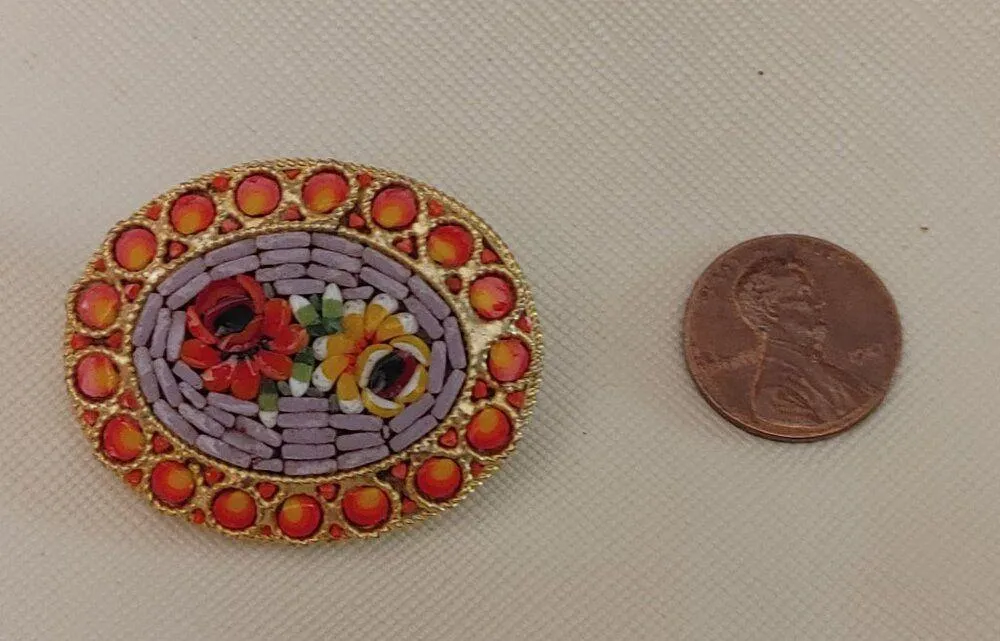 Vtg Italian Micro Mosaic Floral Oval Brooch Red Yellow Accents Gold Tone Pin - Image 2