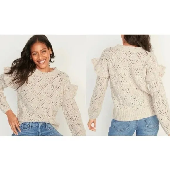 Old Navy Ruffle Sleeve Chunky Knit Oatmeal Sweater size Medium M 742590 - Image 2