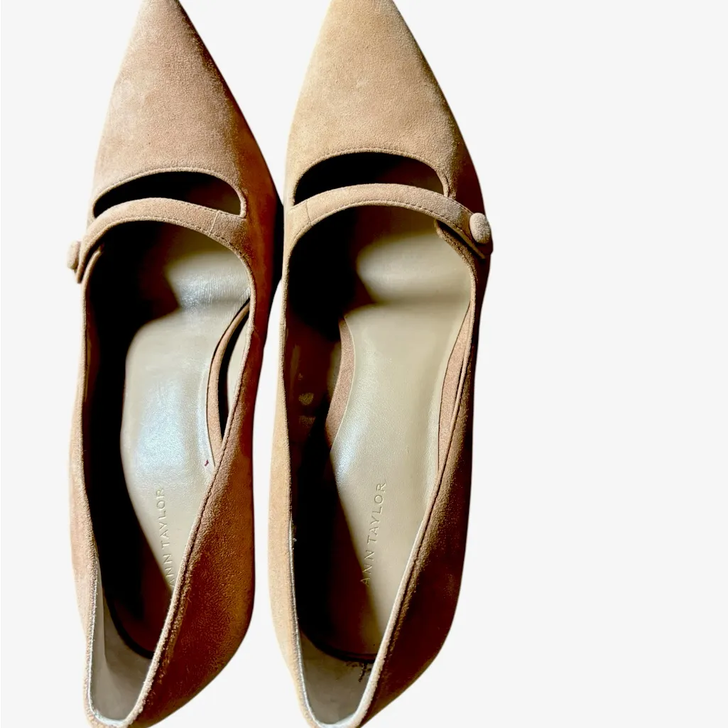 Ann Taylor Enid Suede Mary Jane Pointy Heel Pump Sz 10 Beige 3.5” Heel Business - Image 3