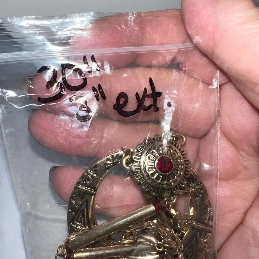 Boho Ethnic Burnished Gold Tone and Red Stone Pendant Necklace - Image 7